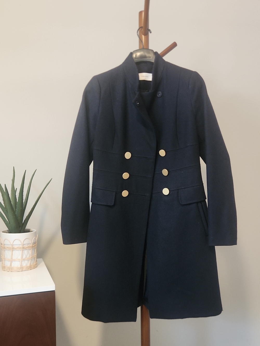 Tahari Navy Double-Breasted Pea Coat with Gold Buttons